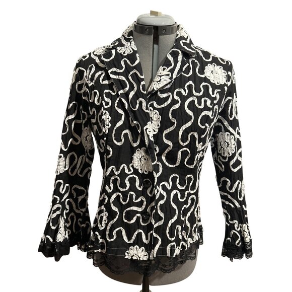 Alberto Makali Tops - Alberto Makali Womens Black & White Ribbon Lace Trim Button Up Top/Jckt Size 4